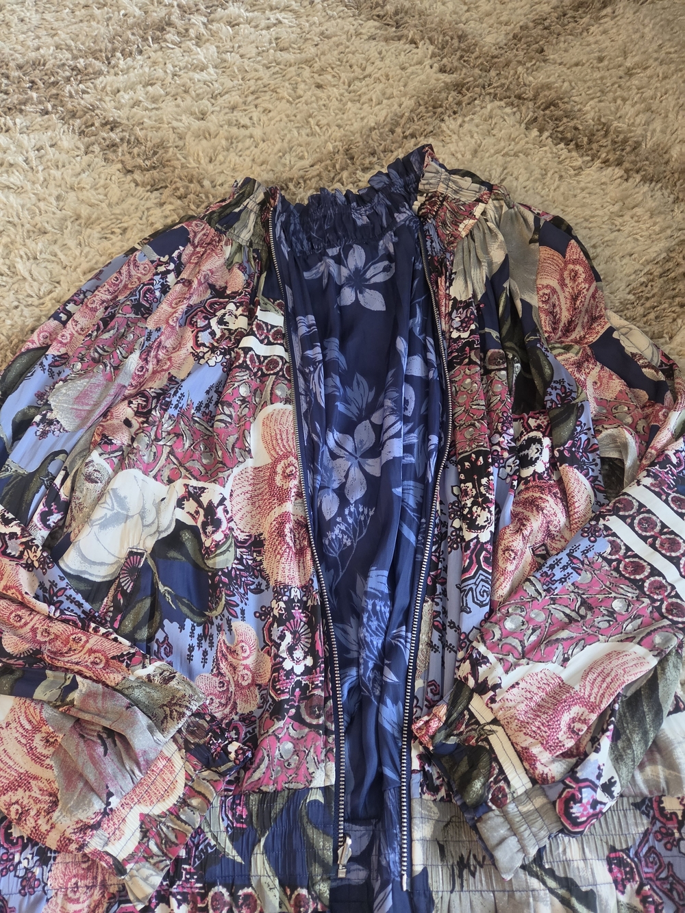 Chico's Floral Print Bomber Jacket in Navy, Pink, Cream